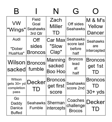 2014 SUPER BOWL BINGO Card