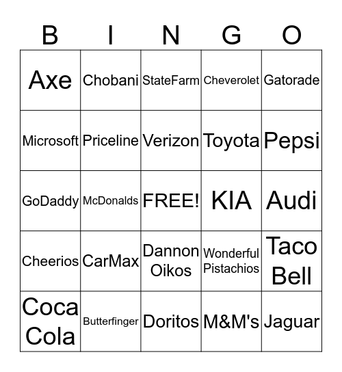 SuperBowl Commercials 2014 Bingo Card