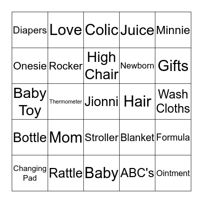 Jionni's Baby Shower Bingo Card