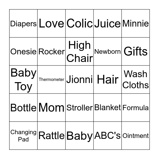 Jionni's Baby Shower Bingo Card