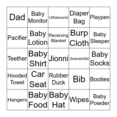 Jionni's Baby Shower Bingo Card