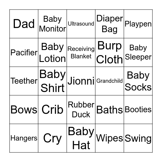 Jionni's Baby Shower Bingo Card