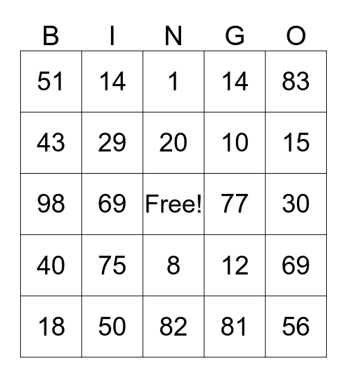 10 more 10 less Bingo Card