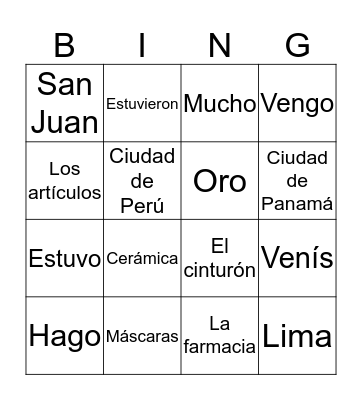Español Unidad 3 Bingo Card