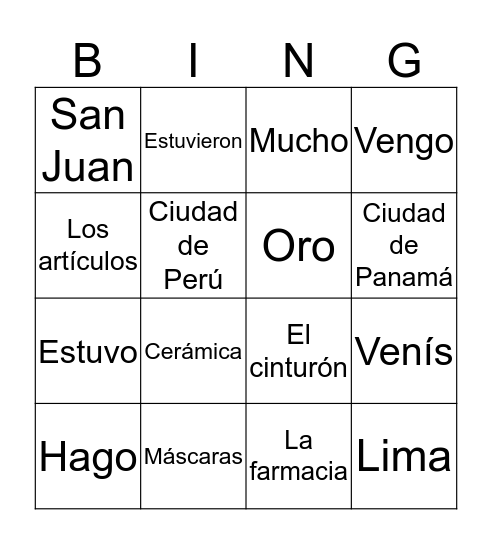 Español Unidad 3 Bingo Card