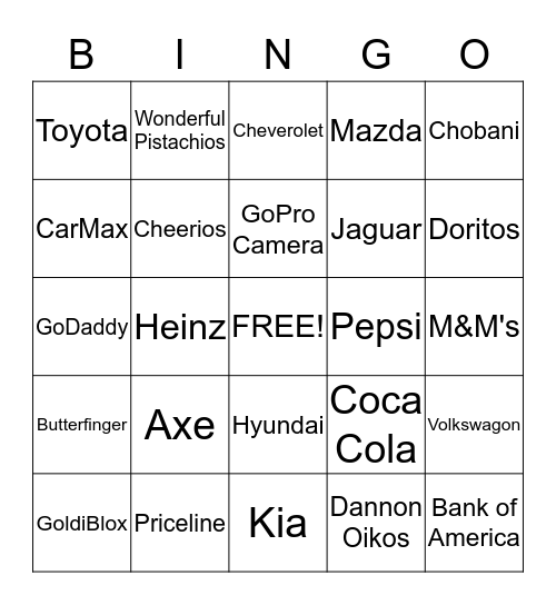 SuperBowl Commercials 2014 Bingo Card