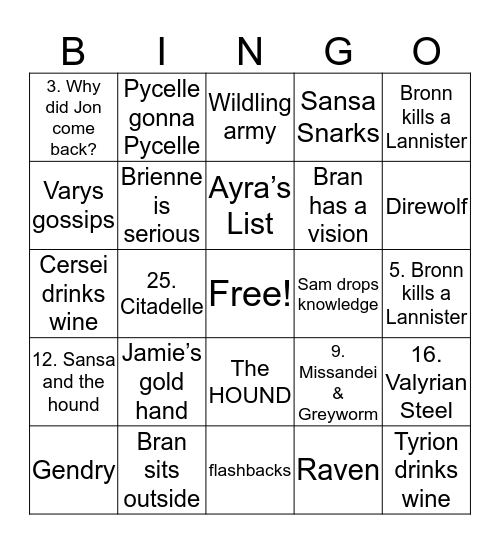 GOT Season 8 Bingo Card
