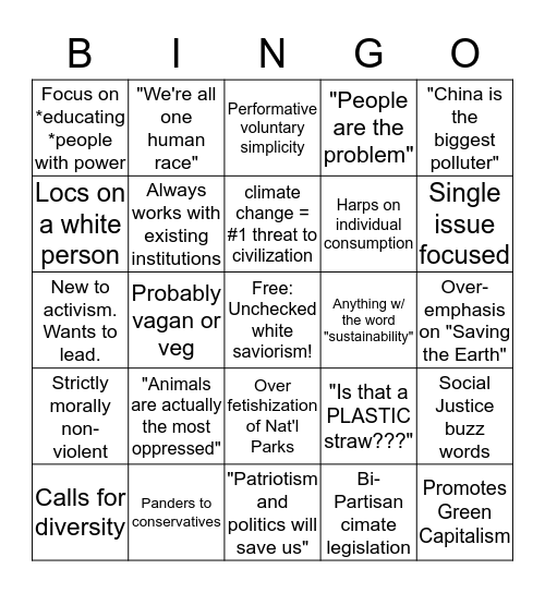 white Environmentalism BINGO! Bingo Card