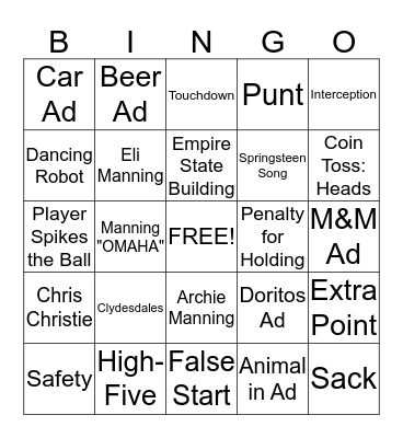 Super Bowl Bingo Card