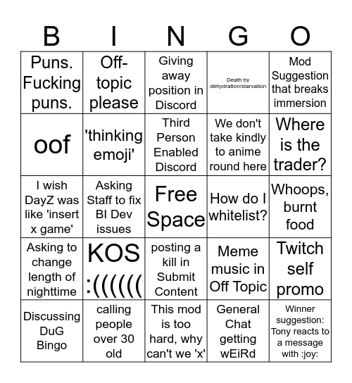 THE UNDERGROUND RP Bingo Card