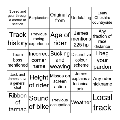 Oulton Park Bingo Card
