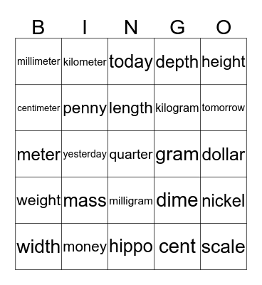 Money, Mass, Measurement Bingo Card