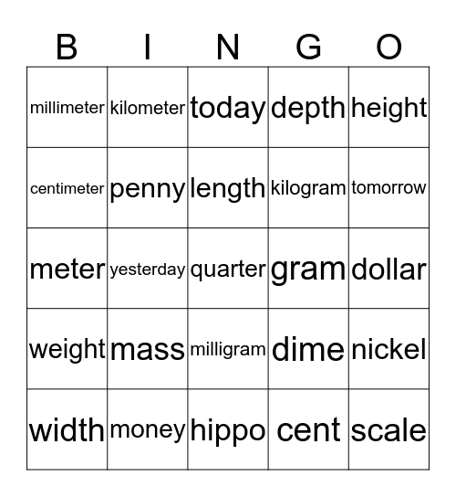 Money, Mass, Measurement Bingo Card