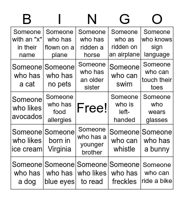 Friendship Circle Getting to Know You Bingo Card