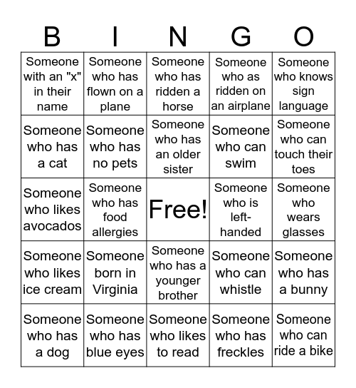 Friendship Circle Getting to Know You Bingo Card