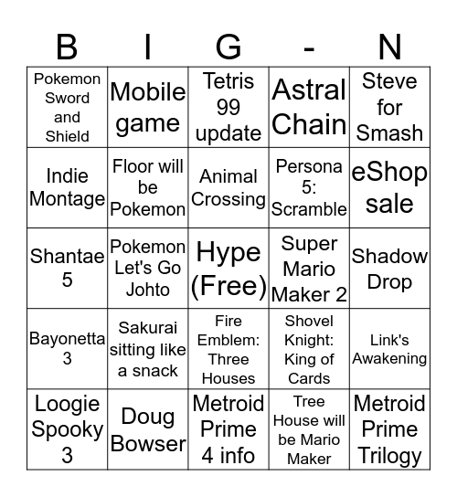 Nintendo E3 2019 Bingo Card