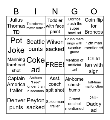 Super Bowl Bingo  (Ryann's) Bingo Card