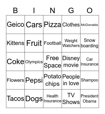 Super Bowl Commercial Bingo 2014 Bingo Card