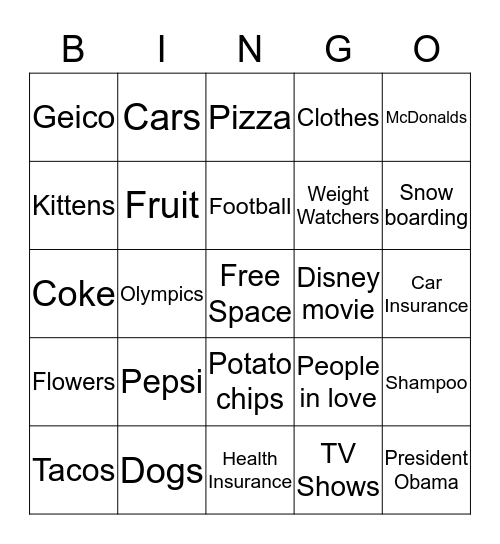 Super Bowl Commercial Bingo 2014 Bingo Card