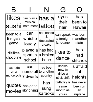 Get To Know You Bingo Card