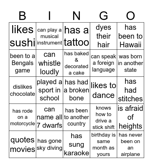 Get To Know You Bingo Card