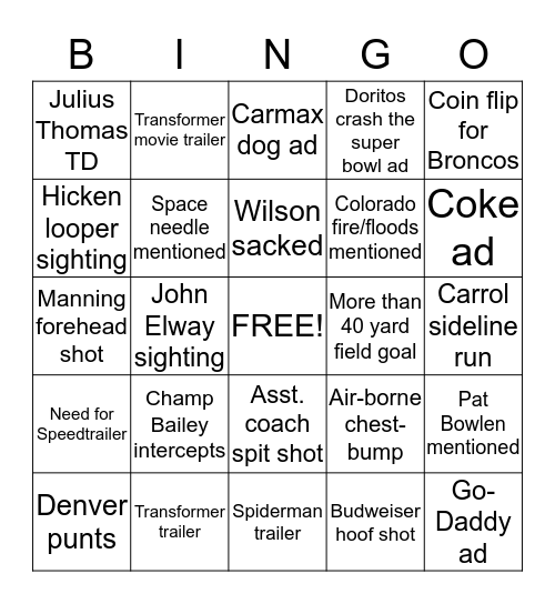 Super Bowl Bingo  (Ryann's) Bingo Card