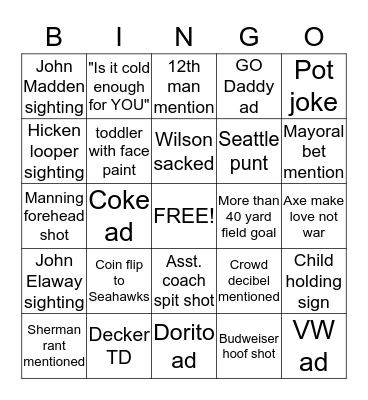 Super Bowl Bingo  (Cole's) Bingo Card