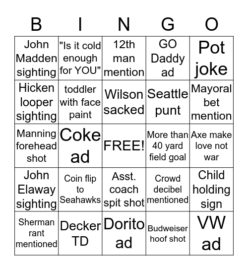 Super Bowl Bingo  (Cole's) Bingo Card
