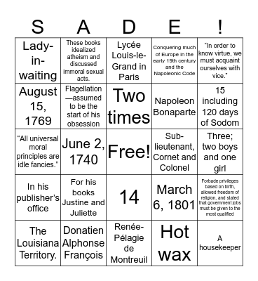 Marquis de Sade Bingo Card