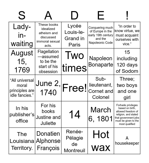 Marquis de Sade Bingo Card