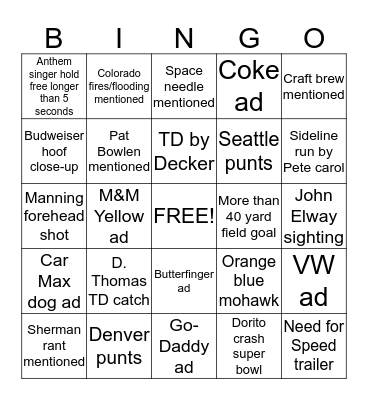 Super Bowl Bingo  (Bailey Bingo Card