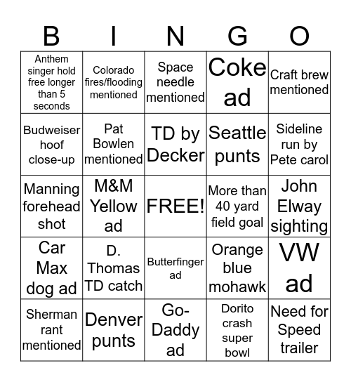 Super Bowl Bingo  (Bailey Bingo Card