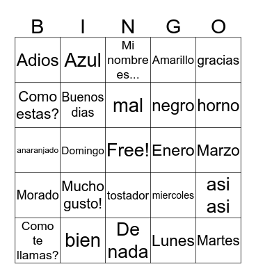 Spanish Bingo  Bingo Card