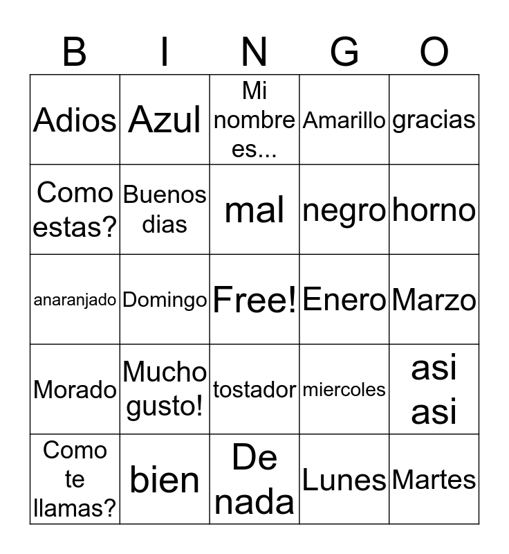 Spanish Bingo Bingo Card