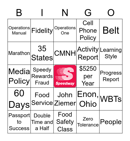 Fundamentals of Speedway Leadership Bingo Card