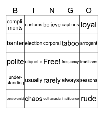 Vocabulary Bingo Card