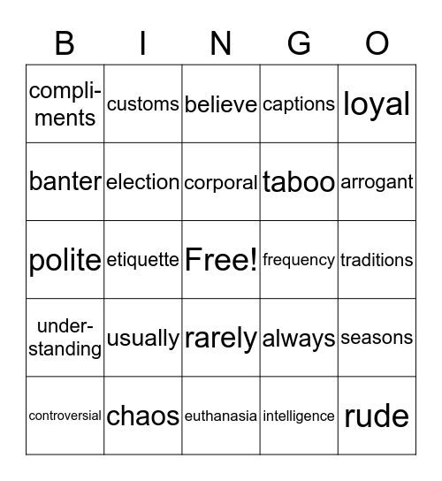 Vocabulary Bingo Card