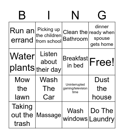 Acts of Service Bingo Card