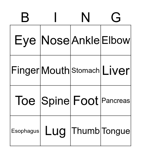 Human Body Bingo Card