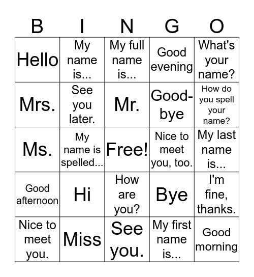Introductions Bingo Card
