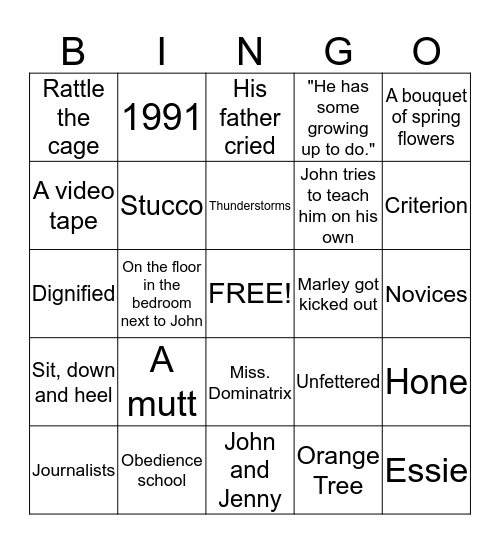 Marley and Me II Bingo Card