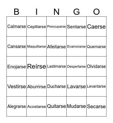 Reflexive Verbs Bingo Card