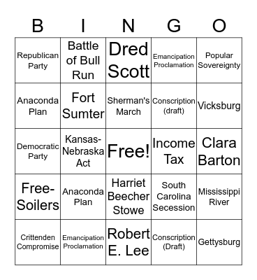 Civil War Test Review Bingo Card