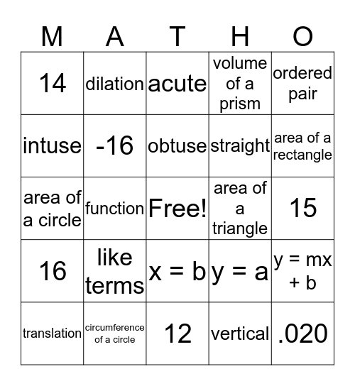 Math Review Bingo Card