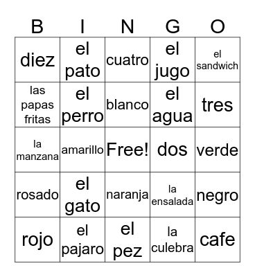 Espanol BINGO (K-1) Bingo Card