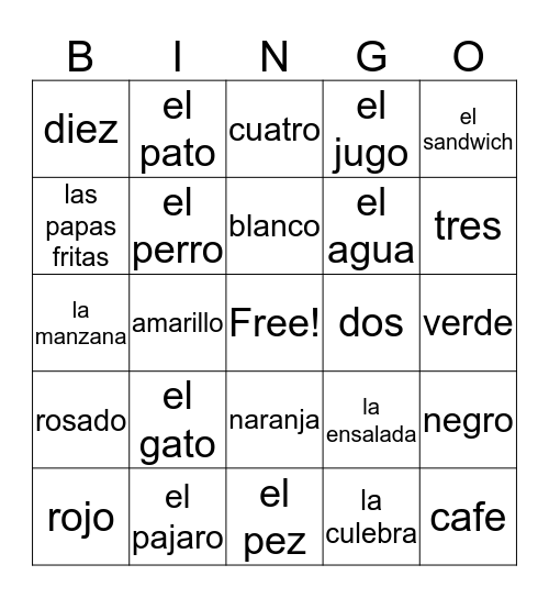 Espanol BINGO (K-1) Bingo Card
