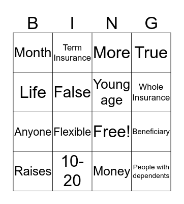 Life Insurance Bingo Card