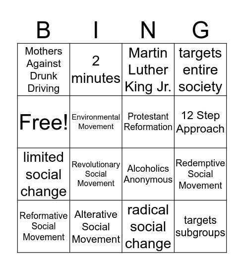 Social Movements Bingo Card