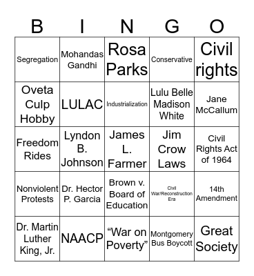 Civil Rights Era Bingo Card