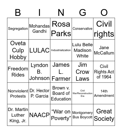 Civil Rights Era Bingo Card